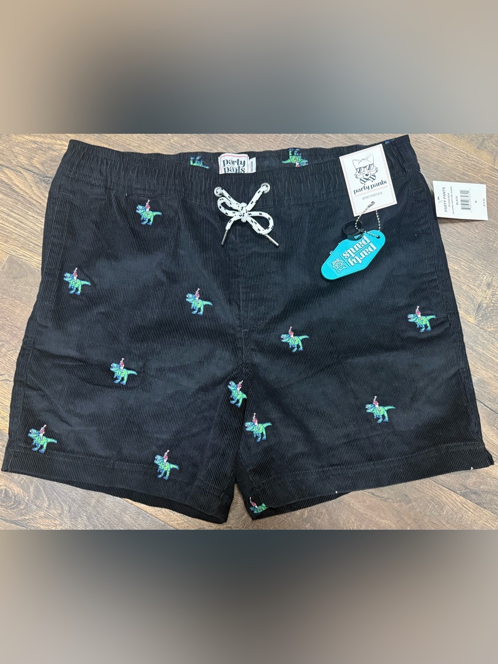 Party Pants Men’s M Black Corduroy Dino Embroidered Shorts NWT
